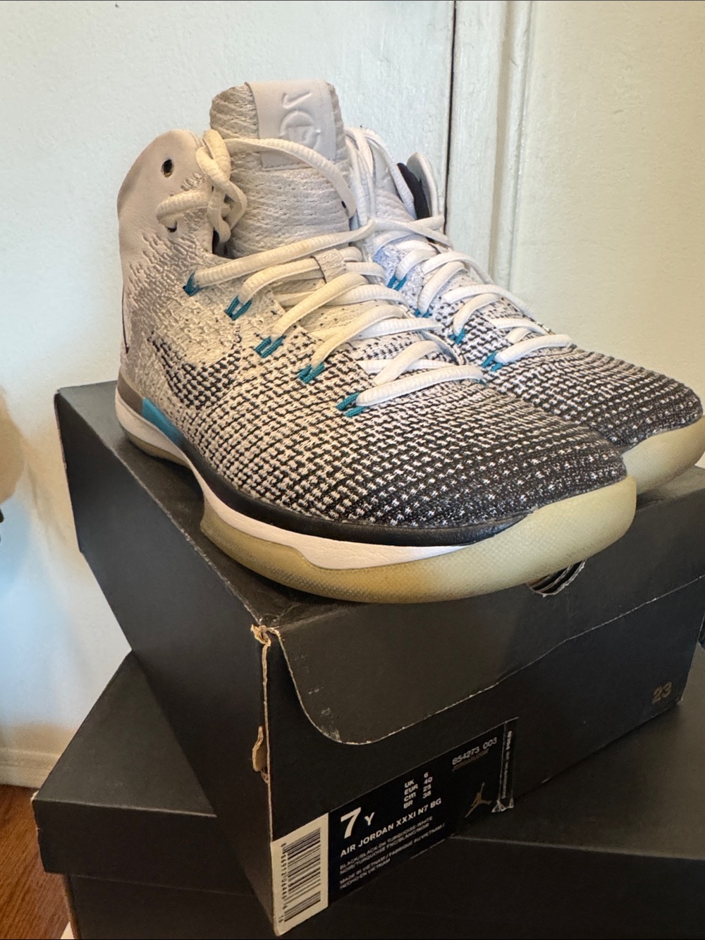 Jordan Men’s Athletic Shoes - White/Black with Teal Accents